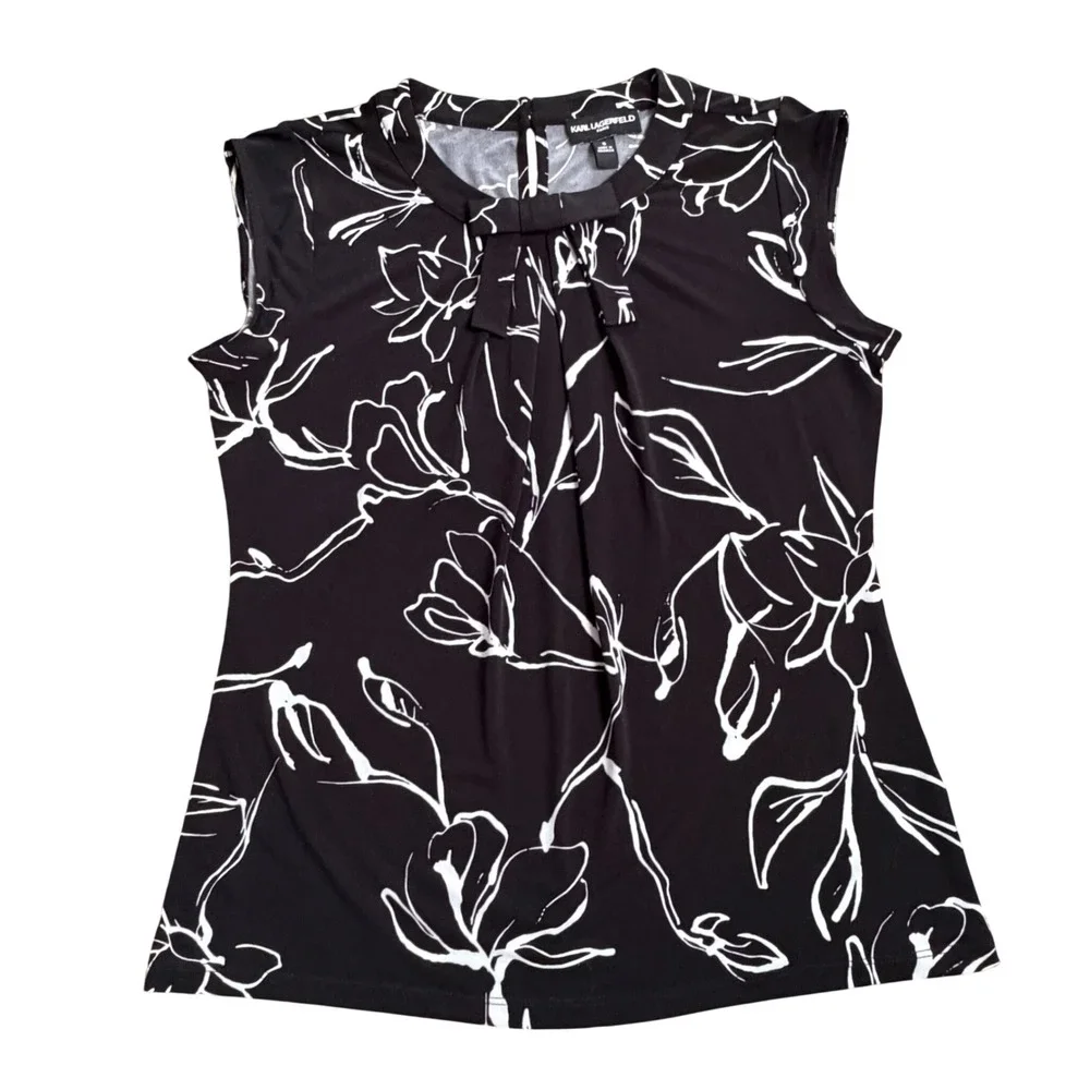 Karl Lagerfeld Paris Black White Floral Sleeveless Bow Neck Top Women's Size S - Picture 1 of 9